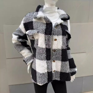 Women's Long-sleeved Double-pocket Plaid Furry Coat