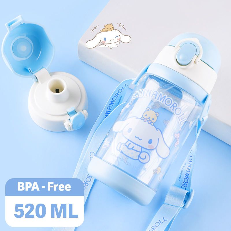 Cute Dog Water Bottle for Girls – 520ml Leak-Proof Straw Bottle in Light Blue | BPA-Free Tritan with Strap for School & Travel
